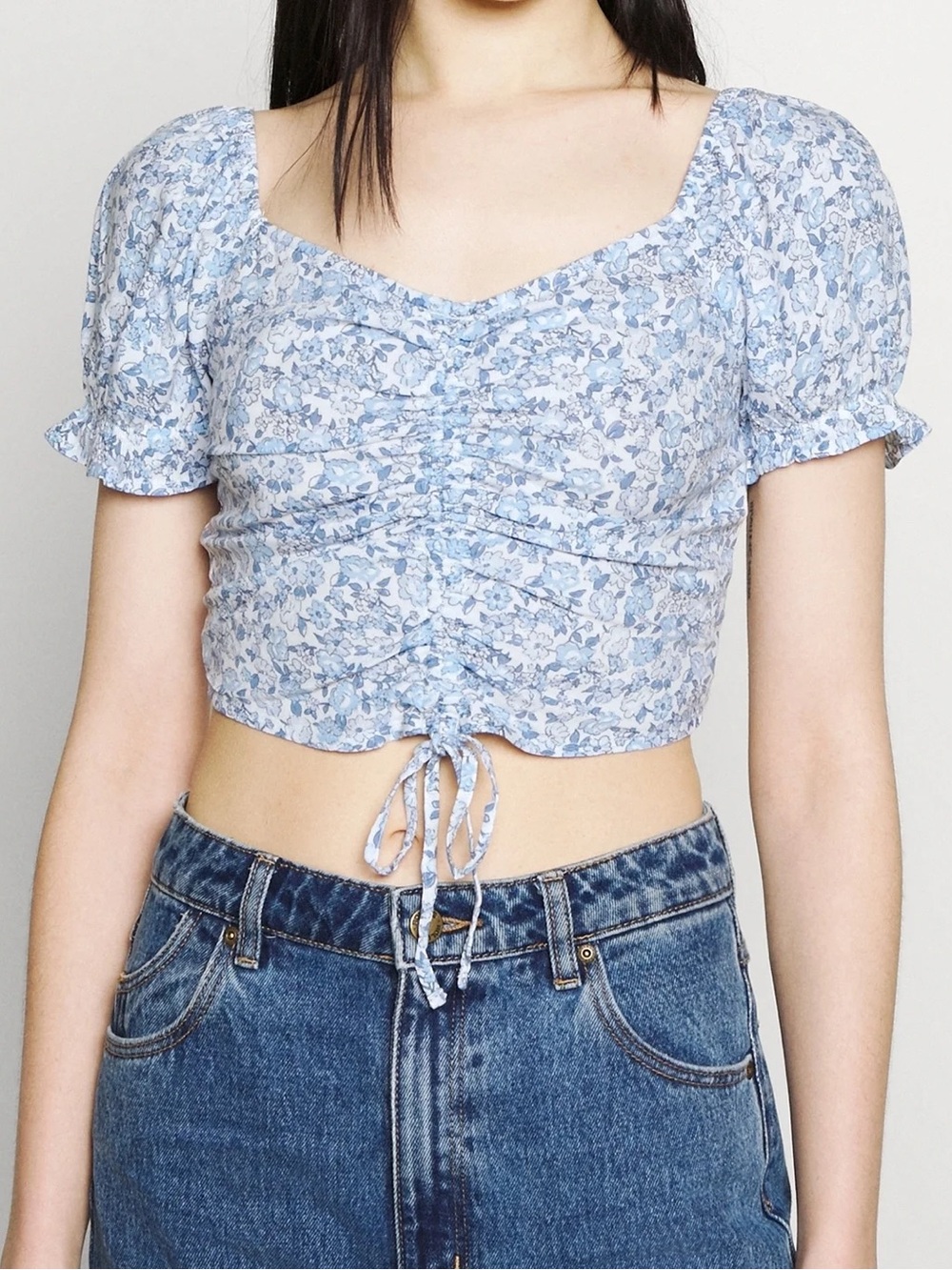 Hollister Blue Floral Ruched Puff Sleeve Crop Top Size S